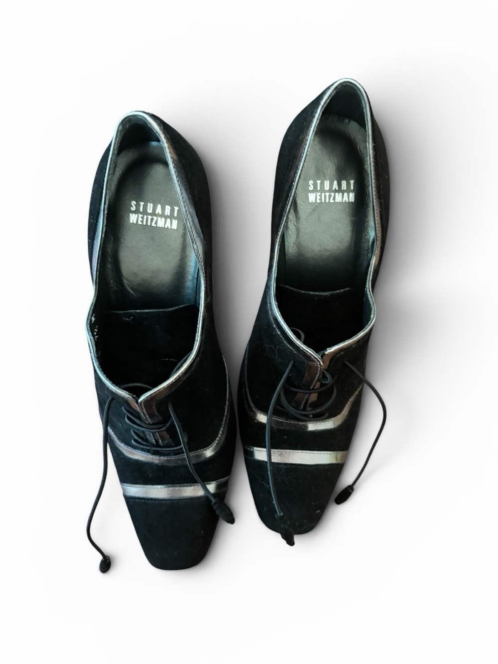 Stuart Weitzman Black Suede Lace-Up Pointed Toe Pump with Silver Trim